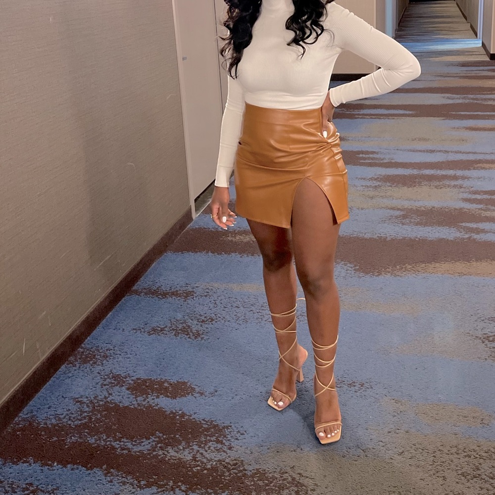 Lulus Camel Brown Vegan Leather Mini Skirt